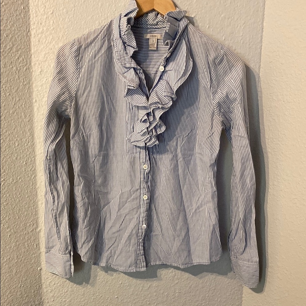 J. Crew Ruffled Button-Up Cotton Shirt - Blue & White Stripe